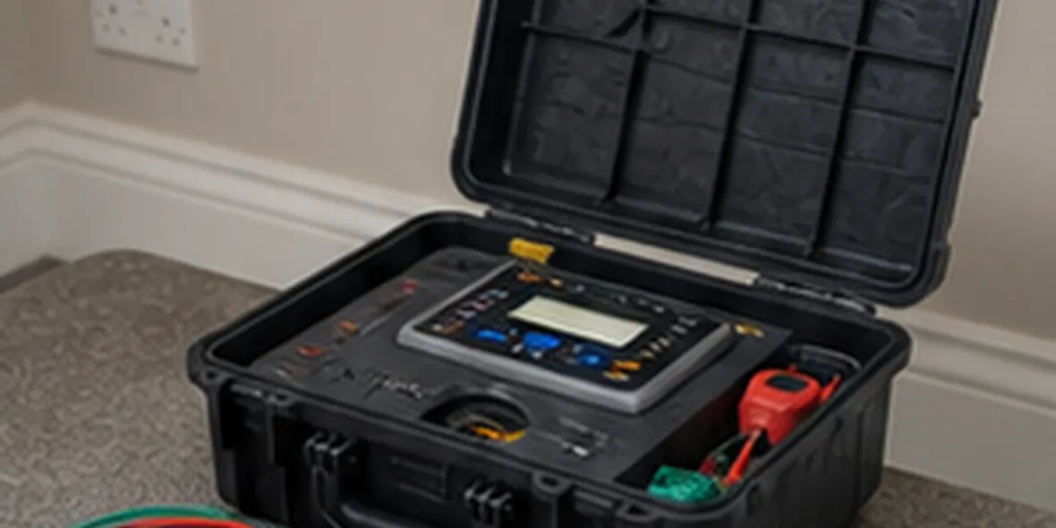 Electrical tester and tools beside a consumer unit